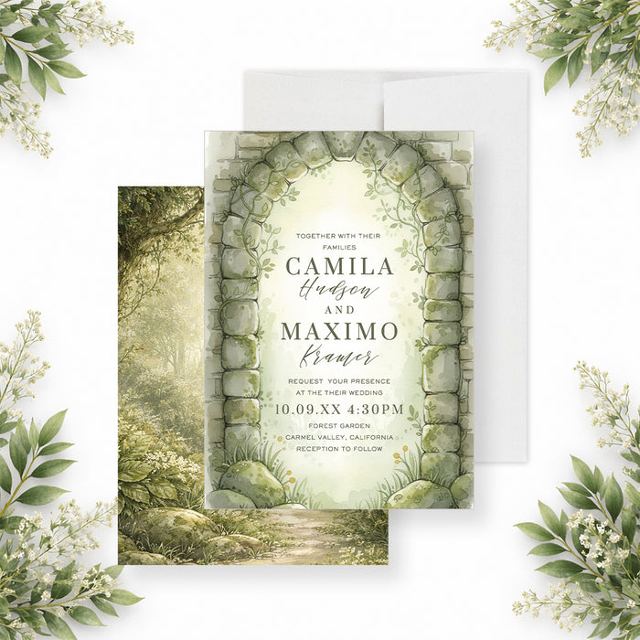 Personalized watercolor forest garden wedding invitation with stone arch, greenery, couple’s names, wedding date, venue and reception details-front-back