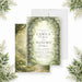Personalized watercolor forest garden wedding invitation with stone arch, greenery, couple’s names, wedding date, venue and reception details-front-back