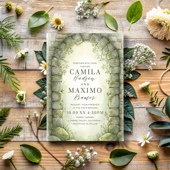Personalized watercolor forest garden wedding invitation with stone arch, greenery, couple’s names, wedding date, venue and reception details-front