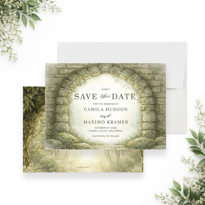 Personalized watercolor forest garden wedding save the date card with stone arch, greenery, couple’s names, wedding date, location and invitation to follow wording-front-back