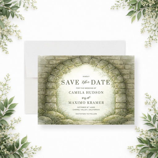 Personalized watercolor forest garden wedding save the date card with stone arch, greenery, couple’s names, wedding date, location and invitation to follow wording-front