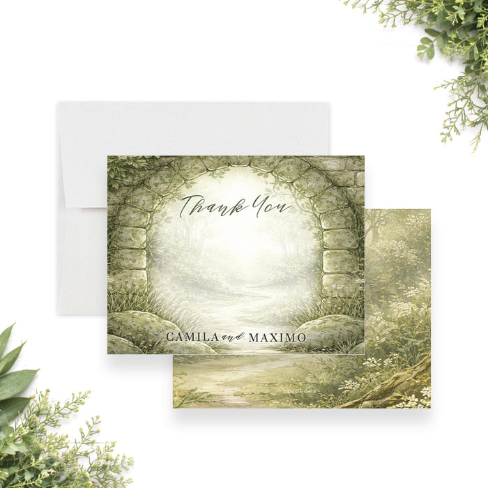 Personalized watercolor forest garden wedding thank you card with stone arch, woodland greenery, Thank You wording and couple’s names-front-back