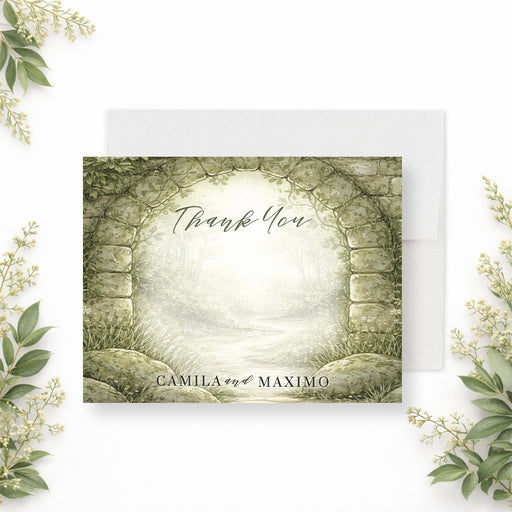 Personalized watercolor forest garden wedding thank you card with stone arch, woodland greenery, Thank You wording and couple’s names-front