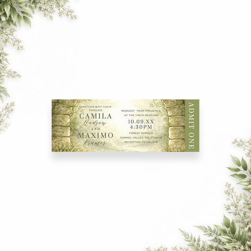 Personalized watercolor forest garden wedding ticket invitation with stone arch, couple’s names, wedding date, venue details and Admit One panel