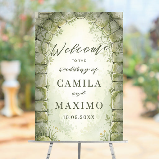 Personalized watercolor forest garden wedding welcome sign with stone arch, greenery, couple’s names, wedding date and welcome wording