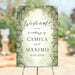 Personalized watercolor forest garden wedding welcome sign with stone arch, greenery, couple’s names, wedding date and welcome wording