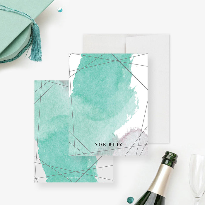 Personalized teal watercolor note card with modern abstract design and custom name-front-back