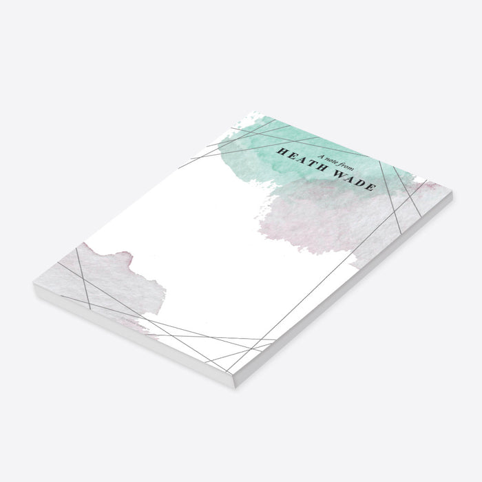 personalized modern watercolor graduation notepad with teal and blush watercolor artwork, geometric line accents, and a custom name-side