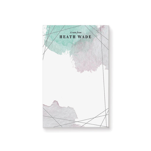 personalized modern watercolor graduation notepad with teal and blush watercolor artwork, geometric line accents, and a custom name.
