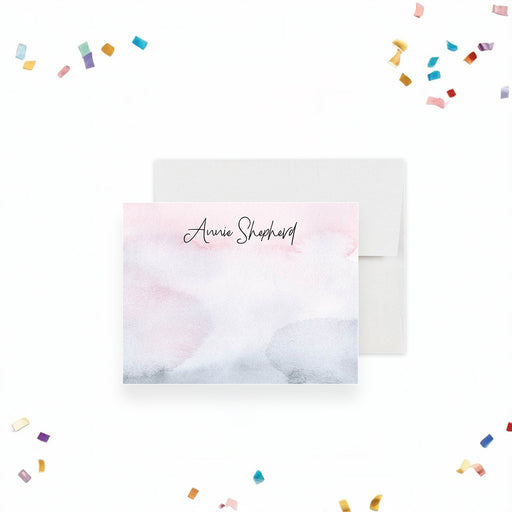 Personalized watercolor note card with pink and gray design and custom name in elegant script.-front