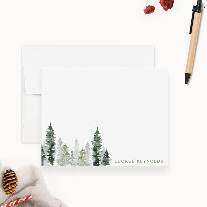 Personalized watercolor pine forest note card set with envelopes