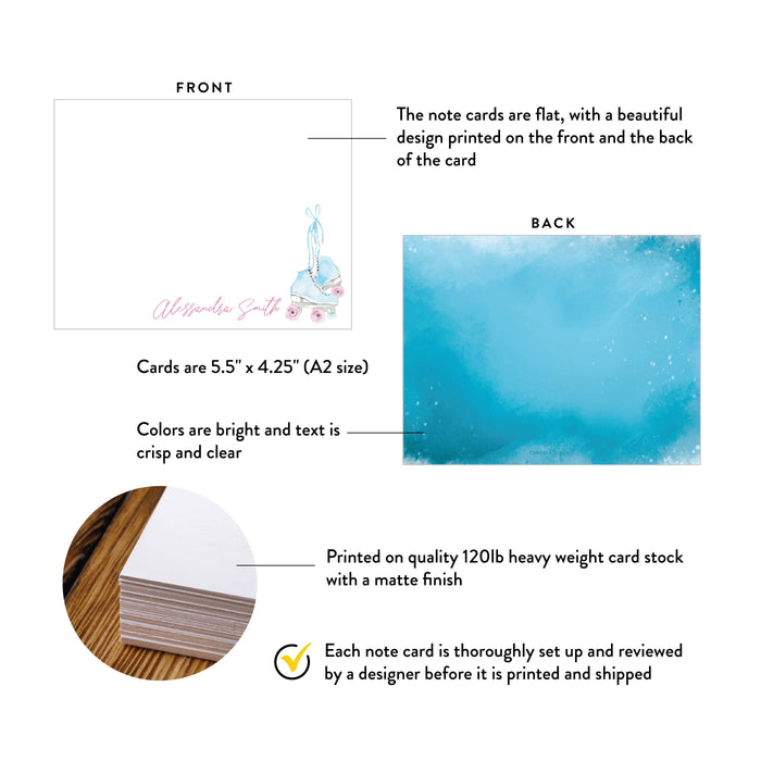 Front and back of personalized watercolor roller skate note cards with A2 size and matte cardstock details.