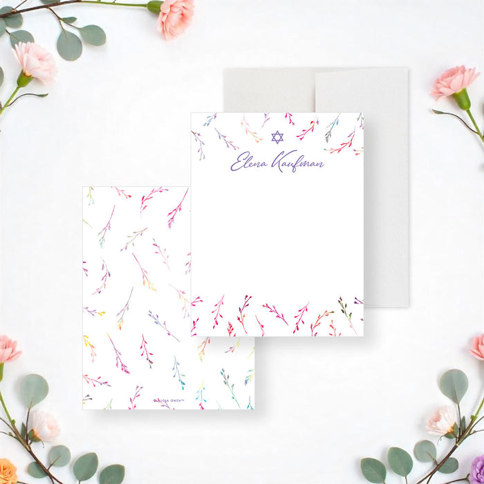 Personalized watercolor wildflower Bat Mitzvah thank you card with Star of David, custom name and blank writing area-front-back