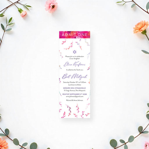 Personalized watercolor wildflower Bat Mitzvah ticket invitation with Star of David, custom name, service details and RSVP information