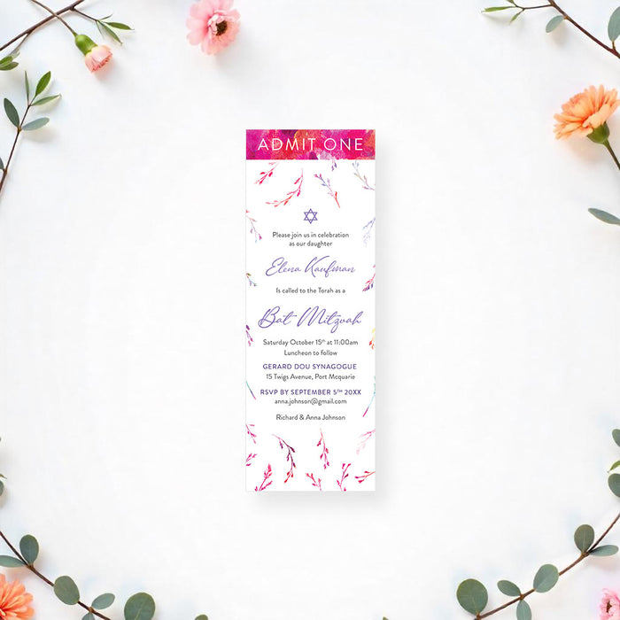 Personalized watercolor wildflower Bat Mitzvah ticket invitation with Star of David, custom name, service details and RSVP information