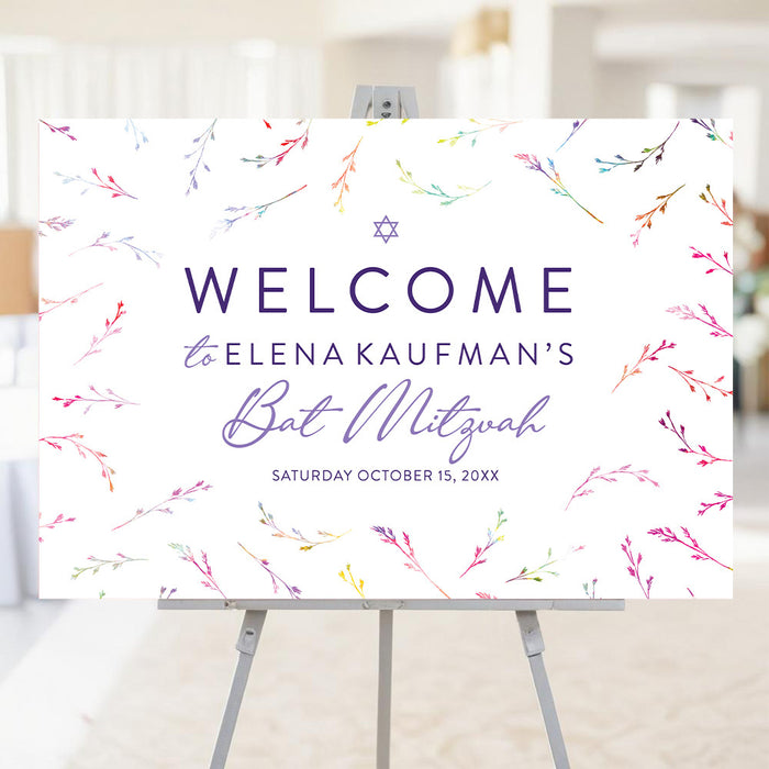 Personalized watercolor wildflower Bat Mitzvah welcome sign with Star of David, custom celebrant’s name, event date and botanical border