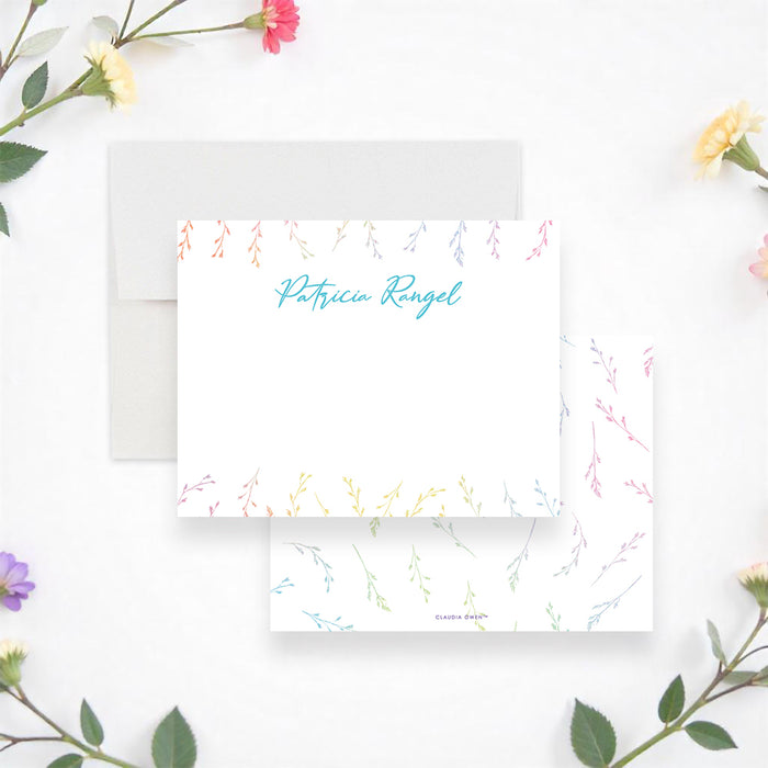 Front and back of personalized watercolor wildflower birthday thank you card for girls with custom name and blank writing area-front-back