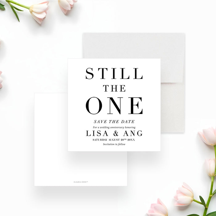 “Still the One” anniversary save the date card with a minimalist black and white design-front-back