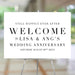 Personalized wedding anniversary welcome sign in black and white design