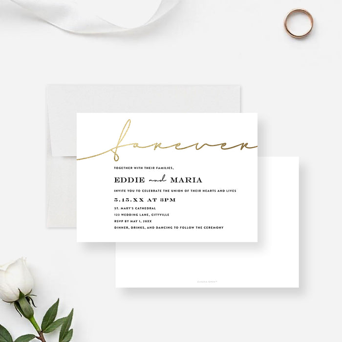 Elegant customizable white wedding invitation card featuring gold script text “Forever” and personalized wedding details.-front-back
