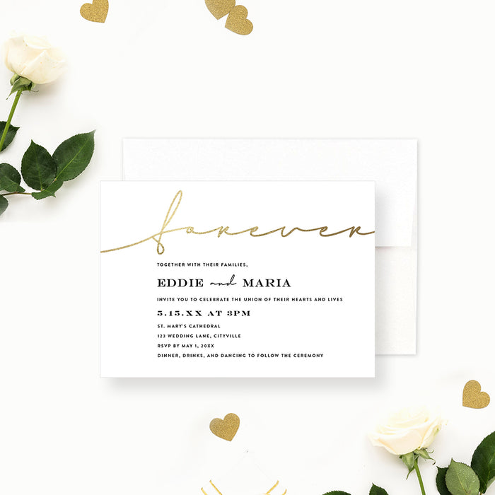 Elegant customizable white wedding invitation card featuring gold script text “Forever” and personalized wedding details.-front