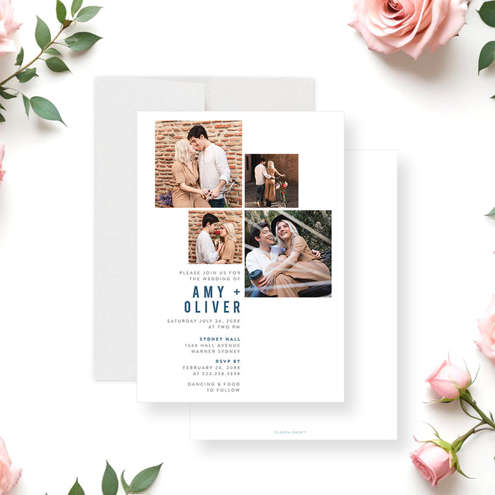 Modern photo collage wedding invitation personalized with couple's photos-front-back