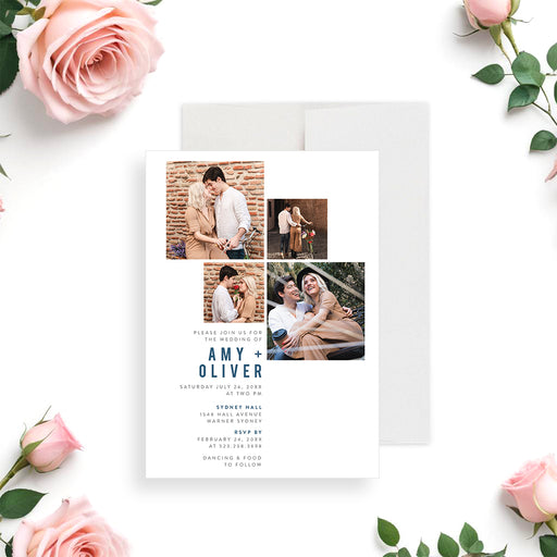Modern photo collage wedding invitation personalized with couple's photos-front