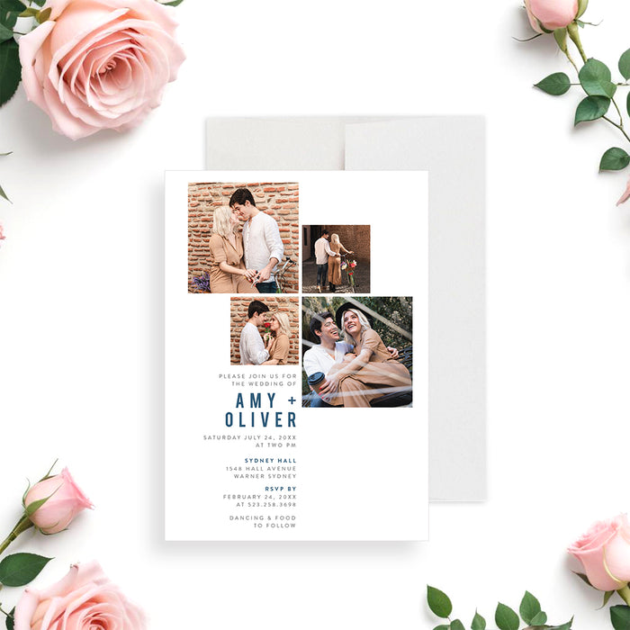 Modern photo collage wedding invitation personalized with couple's photos-front