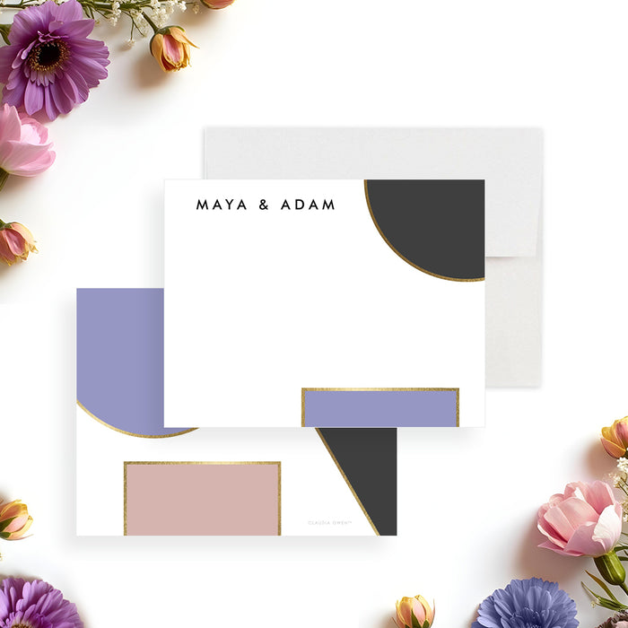 Geometric wedding note card with modern color block design in blush, lavender, charcoal, and gold accents-front-back