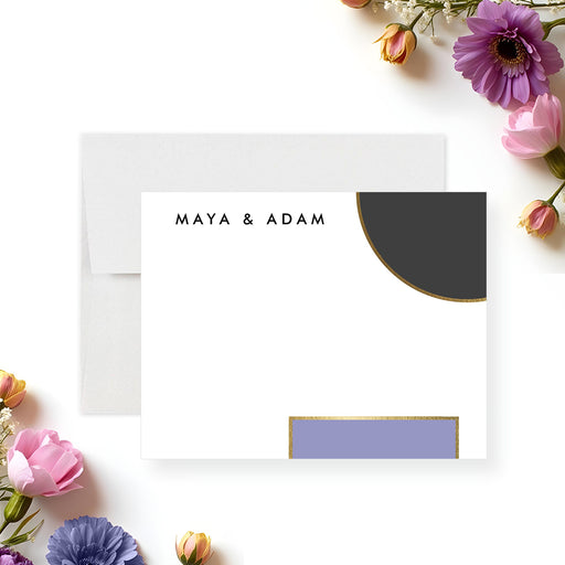 Geometric wedding note card with modern color block design in blush, lavender, charcoal, and gold accents-front