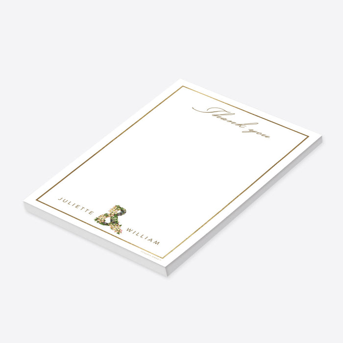 personalized wedding notepad with floral ampersand, custom couple names, classic border, and blank writing space-side