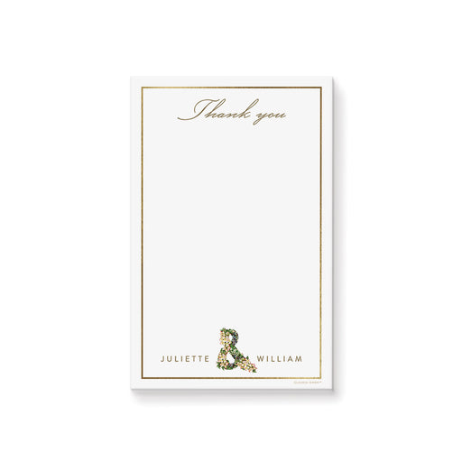 personalized wedding notepad with floral ampersand, custom couple names, classic border, and blank writing space