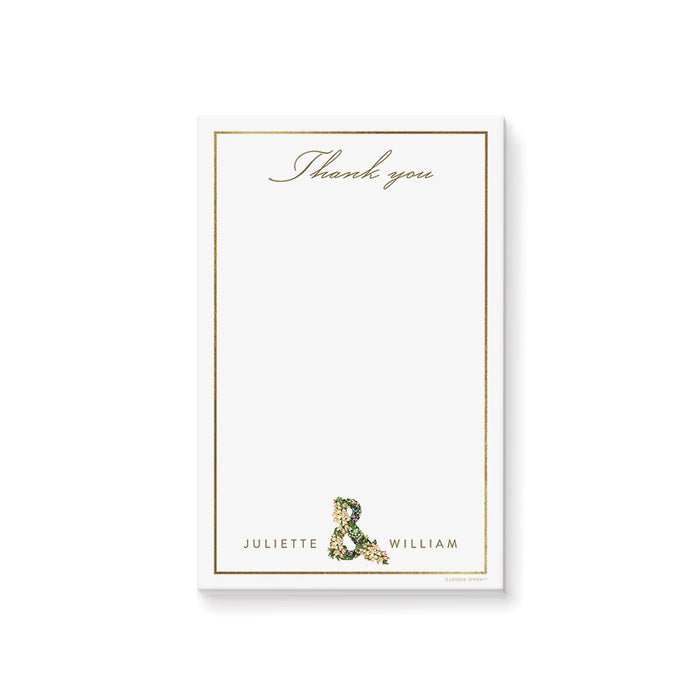 personalized wedding notepad with floral ampersand, custom couple names, classic border, and blank writing space