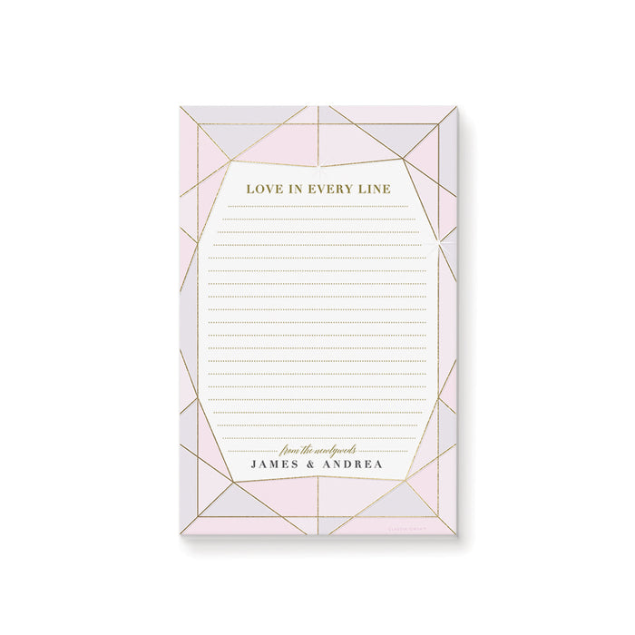 personalized blush pink wedding notepad with jewel-inspired geometric frame, lined pages, refined lettering, and custom couple names