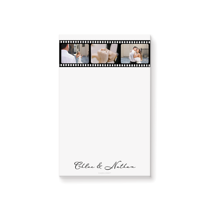 personalized notepad with a black-and-white layout, photo filmstrip border featuring couple photos and custom names
