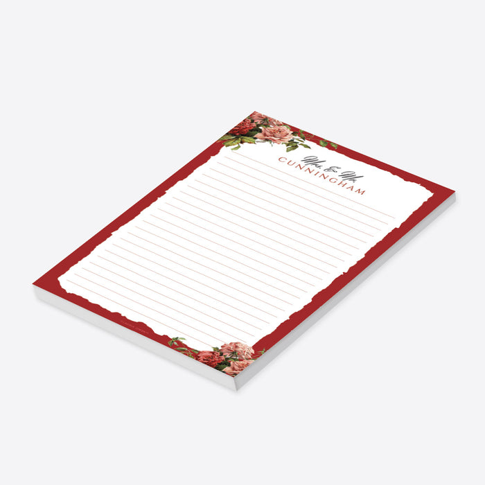 Personalized floral notepad with red and blush roses, ideal as a custom couple gift, wedding favor, or romantic stationery keepsake.-side