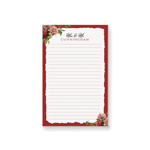 Personalized floral notepad with red and blush roses, ideal as a custom couple gift, wedding favor, or romantic stationery keepsake.
