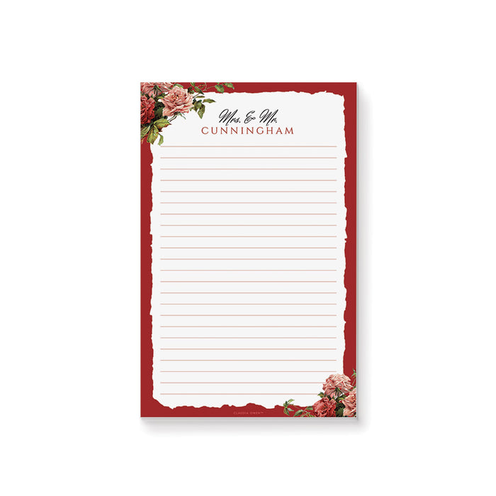 Personalized floral notepad with red and blush roses, ideal as a custom couple gift, wedding favor, or romantic stationery keepsake.