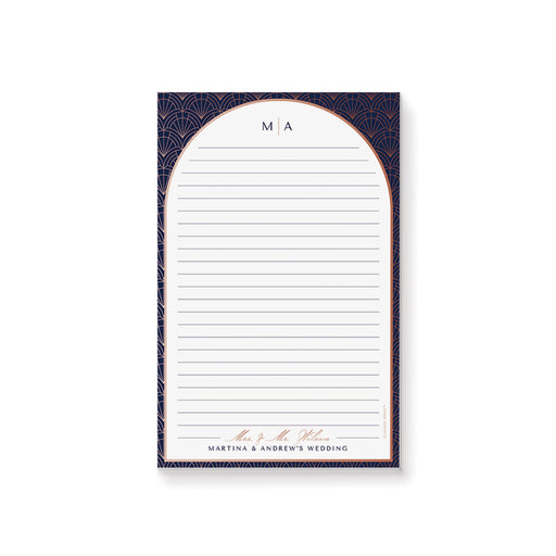 Personalized art deco notepad featuring navy and rose gold geometric design, a stationery keepsake for couples and guests.