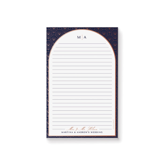 Personalized art deco notepad featuring navy and rose gold geometric design, a stationery keepsake for couples and guests.