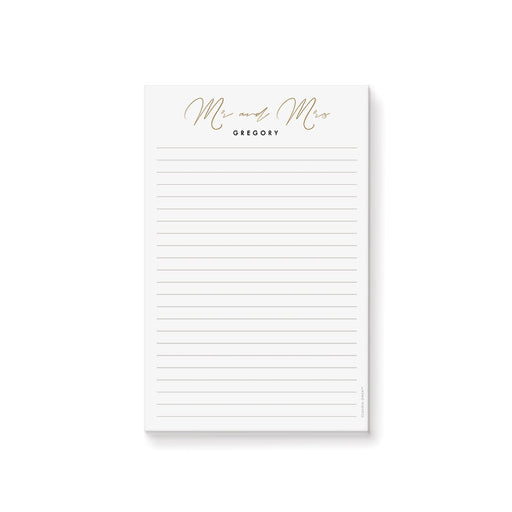 Personalized “Mr and Mrs” notepad, elegant custom couple stationery, or newlywed gifts.