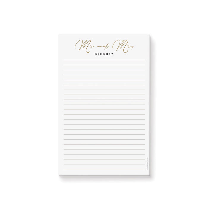 Personalized “Mr and Mrs” notepad, elegant custom couple stationery, or newlywed gifts.