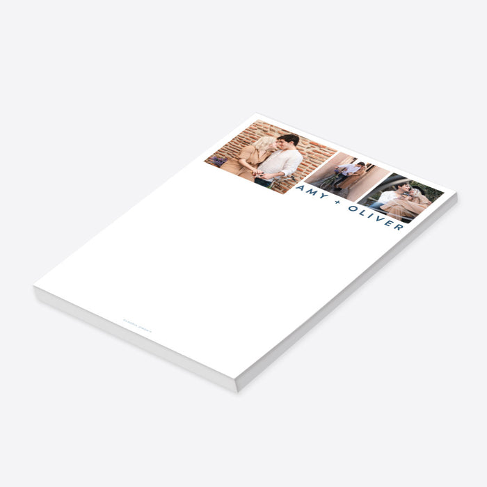 Personalized notepad featuring three cherished photos and your names, a custom stationery gift for weddings-side