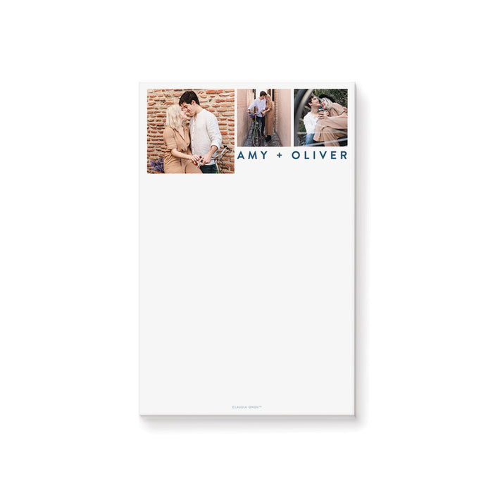 Personalized notepad featuring three cherished photos and your names, a custom stationery gift for weddings