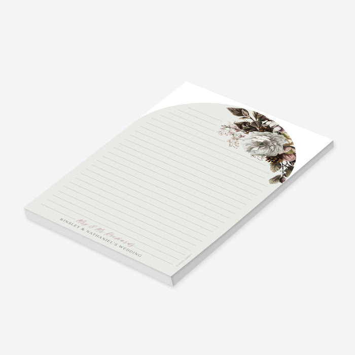 Personalized floral arch notepad with vintage botanical flowers, perfect for weddings or gift occasions.-side