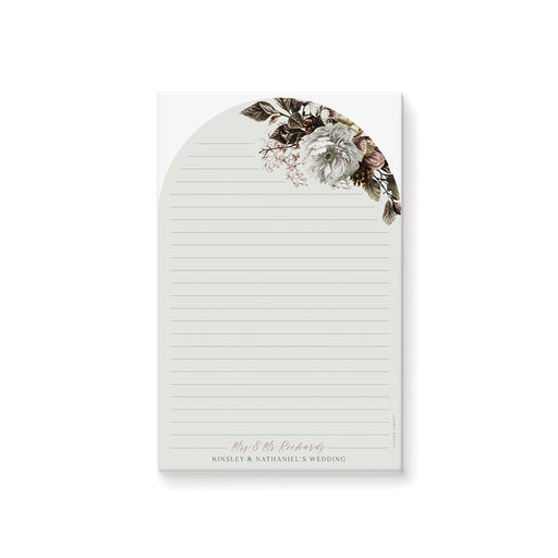 Personalized floral arch notepad with vintage botanical flowers, perfect for weddings or gift occasions.