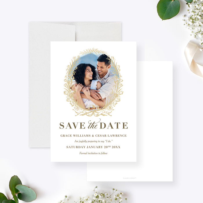 Wedding save the date card with a couple photo framed by a gold floral wreath, personalized names and wedding date-front-back