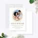 Wedding save the date card with a couple photo framed by a gold floral wreath, personalized names and wedding date-front-back