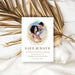 Wedding save the date card with a couple photo framed by a gold floral wreath, personalized names and wedding date-front