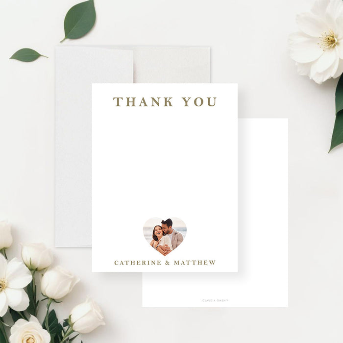 Personalized wedding thank you card with a gold Thank You heading, heart-shaped couple photo, names and blank writing area-front-back